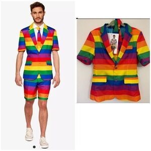 NWT Suitmeister Men's Rainbow Short Sleeve Blazer Suit Shorts w/Tie, Pride M